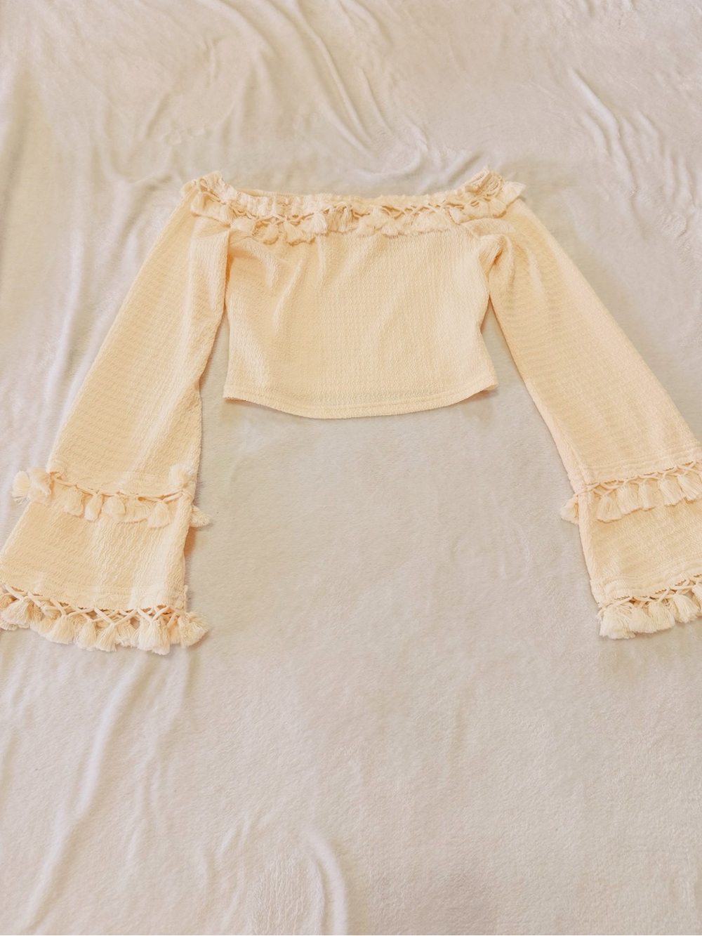SHEIN Cream Off-Shoulder Ruffle Crop Top with Bell Sleeves